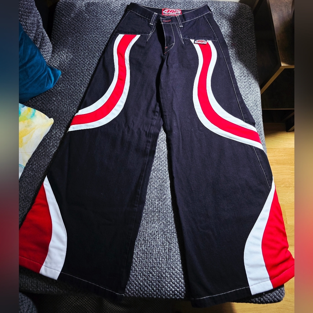 Rare Y2K JNCO Hypnotix Wide Leg Jeans Rave Skater Black/Red White Stripe Size 7